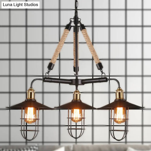 Nautical Flared Chandelier: 3-Head Metal Ceiling Light with Rope - Black Restaurant Fixture