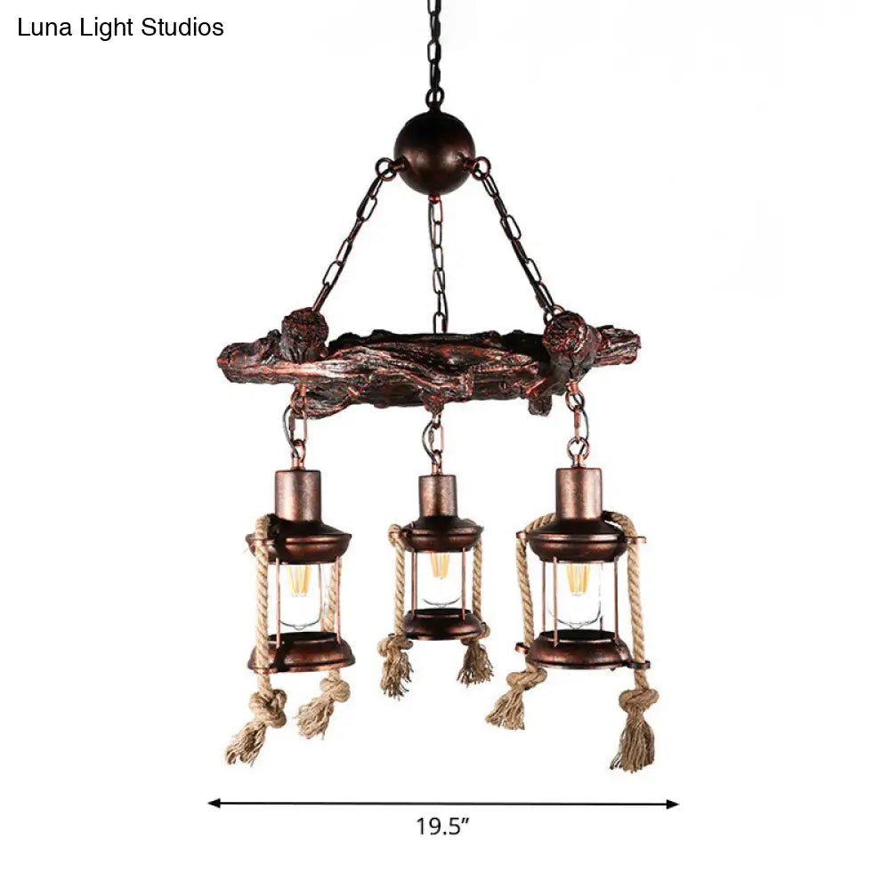 Nautical Hanging Light Kit with Rope Cord - 3/7 Head Metallic Chandelier Pendant in Copper