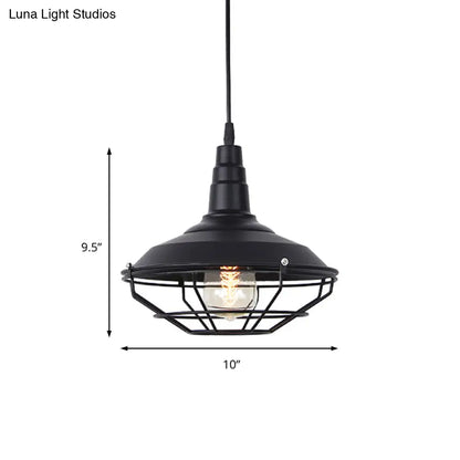 Nautical Iron 1-Light Black Pendant Lamp with Wire Cage - Barn Living Room Hanging Fixture