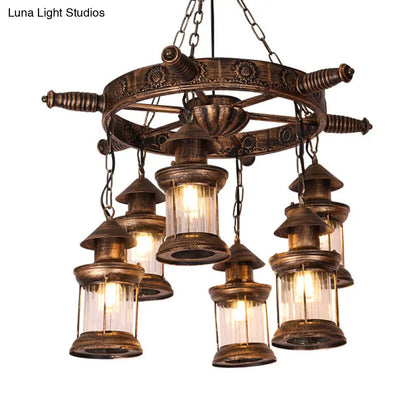 Nautical Lantern Chandelier Light Fixture - Brown with Rudder Decor, Clear Glass Pendants (6 Heads)