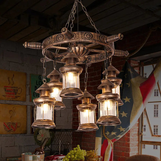 Nautical Lantern Chandelier Light Fixture - Brown with Rudder Decor, Clear Glass Pendants (6 Heads)