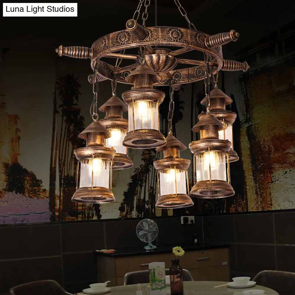 Nautical Lantern Chandelier Light Fixture - Brown with Rudder Decor, Clear Glass Pendants (6 Heads)