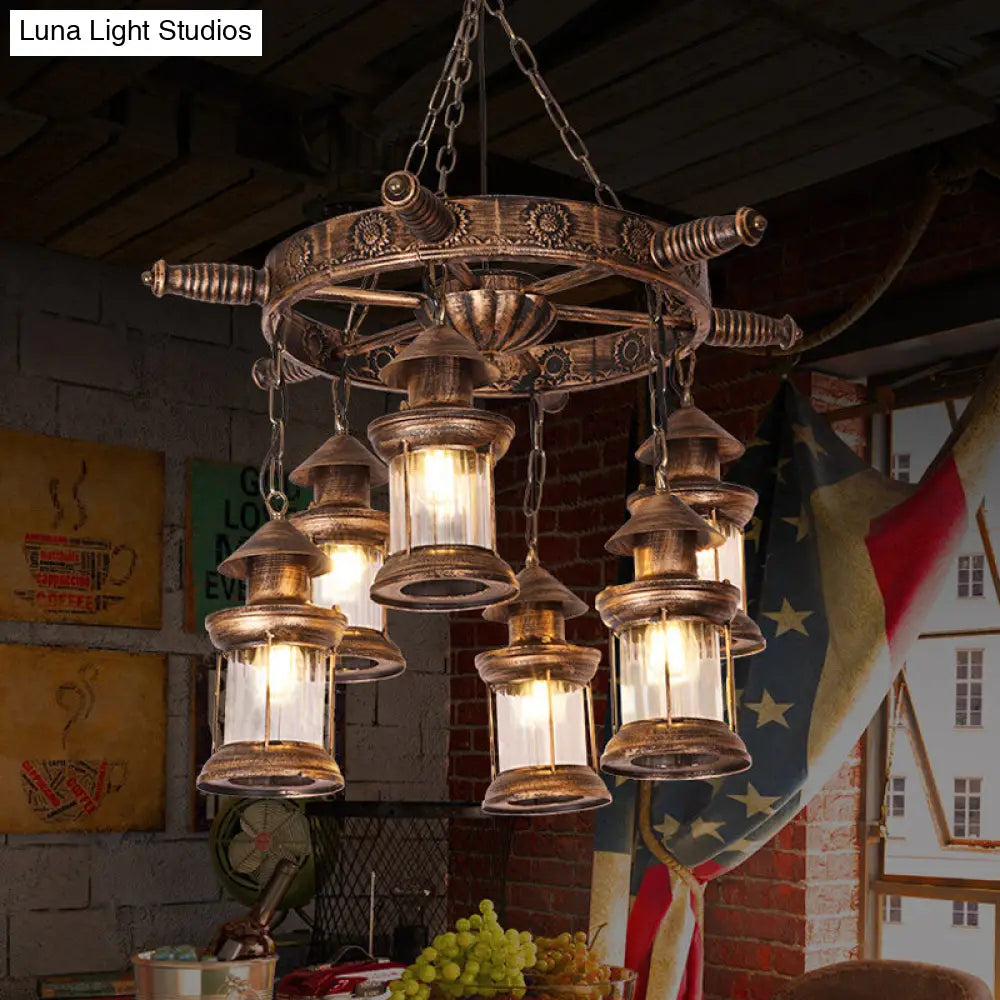 Nautical Lantern Chandelier Light Fixture - Brown with Rudder Decor, Clear Glass Pendants (6 Heads)