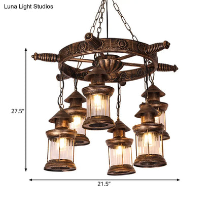 Nautical Lantern Chandelier Light Fixture - Brown with Rudder Decor, Clear Glass Pendants (6 Heads)