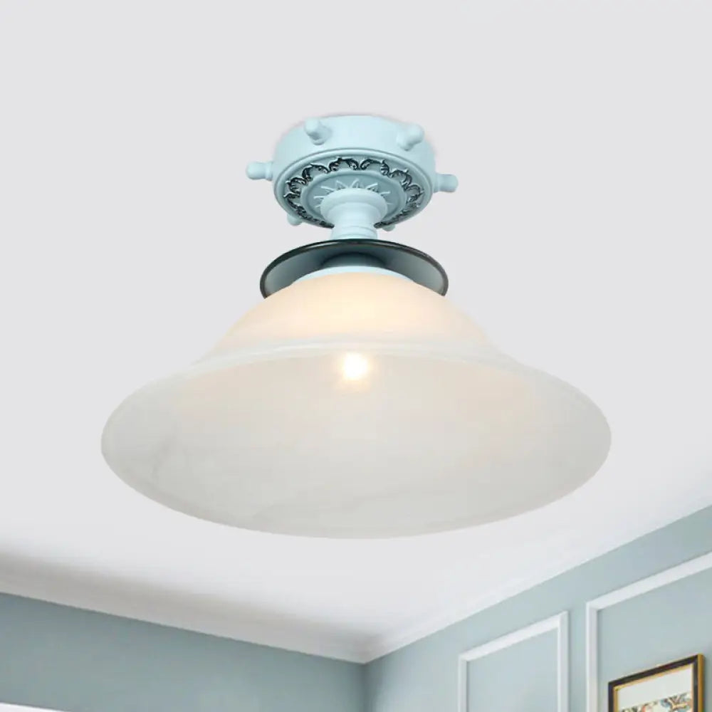 Nautical Opaline Glass Bell Ceiling Light in Black/White/Blue - 1 Bulb Semi Flush Mount Fixture for Hallway