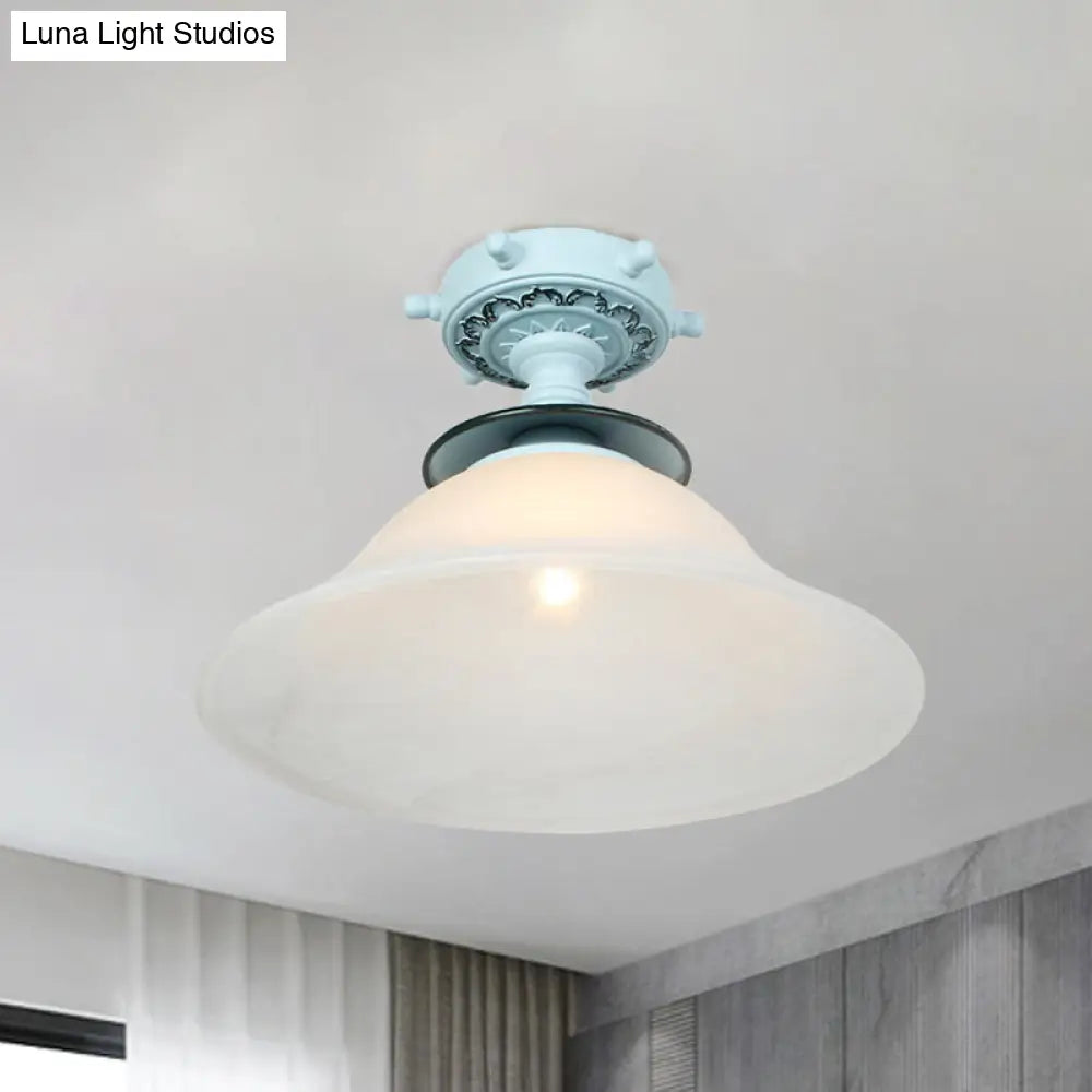 Nautical Opaline Glass Bell Ceiling Light in Black/White/Blue - 1 Bulb Semi Flush Mount Fixture for Hallway