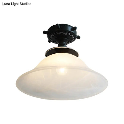 Nautical Opaline Glass Bell Ceiling Light in Black/White/Blue - 1 Bulb Semi Flush Mount Fixture for Hallway