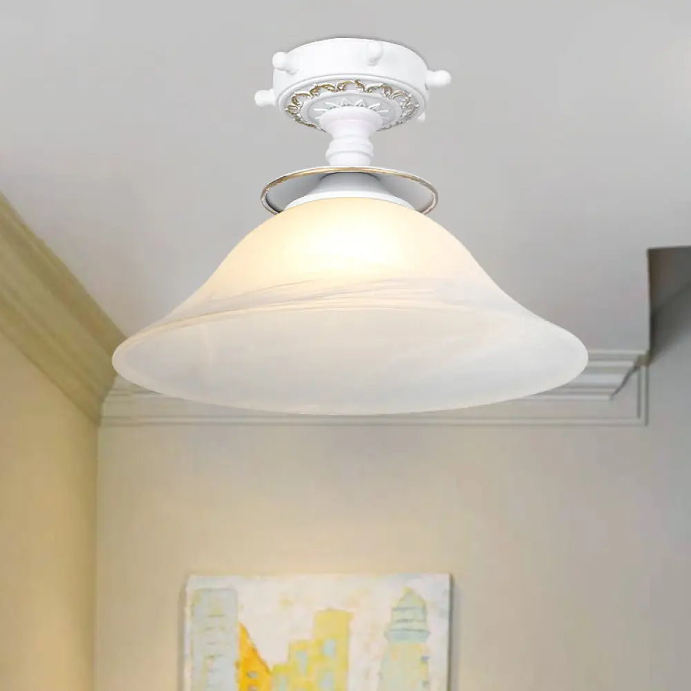 Nautical Opaline Glass Bell Ceiling Light in Black/White/Blue - 1 Bulb Semi Flush Mount Fixture for Hallway