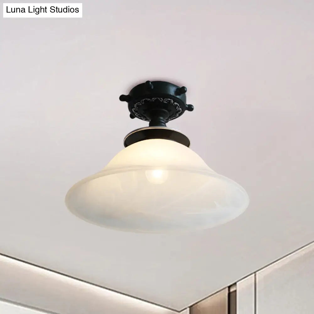 Nautical Opaline Glass Bell Ceiling Light in Black/White/Blue - 1 Bulb Semi Flush Mount Fixture for Hallway