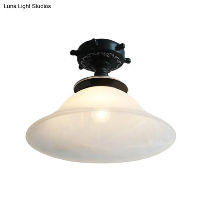 Nautical Opaline Glass Bell Ceiling Light in Black/White/Blue - 1 Bulb Semi Flush Mount Fixture for Hallway