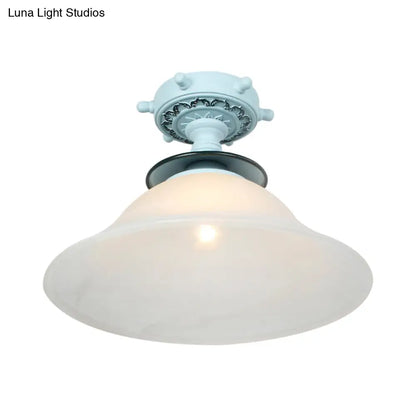 Nautical Opaline Glass Bell Ceiling Light in Black/White/Blue - 1 Bulb Semi Flush Mount Fixture for Hallway