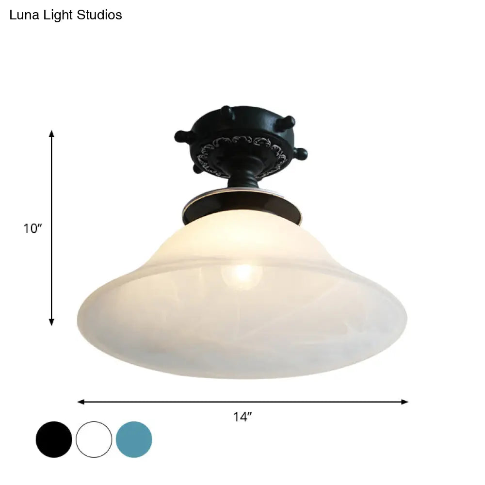 Nautical Opaline Glass Bell Ceiling Light in Black/White/Blue - 1 Bulb Semi Flush Mount Fixture for Hallway