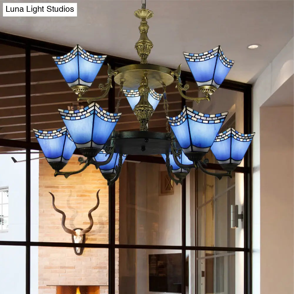 Nautical Pyramid Pendant Lamp - 2-Tier Blue Glass Chandelier with Metal Chain (9 Lights) in Blue