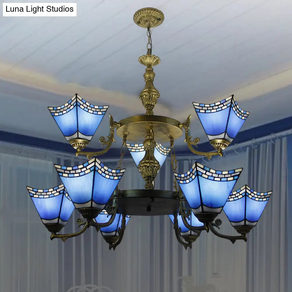 Nautical Pyramid Pendant Lamp - 2-Tier Blue Glass Chandelier with Metal Chain (9 Lights) in Blue