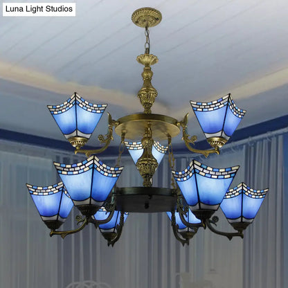 Nautical Pyramid Pendant Lamp - 2-Tier Blue Glass Chandelier with Metal Chain (9 Lights) in Blue
