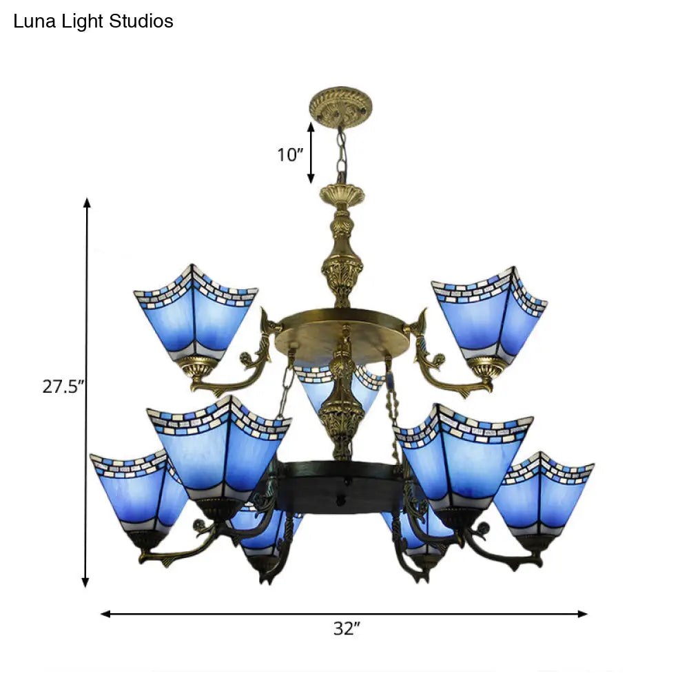 Nautical Pyramid Pendant Lamp - 2-Tier Blue Glass Chandelier with Metal Chain (9 Lights) in Blue