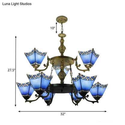 Nautical Pyramid Pendant Lamp - 2-Tier Blue Glass Chandelier with Metal Chain (9 Lights) in Blue