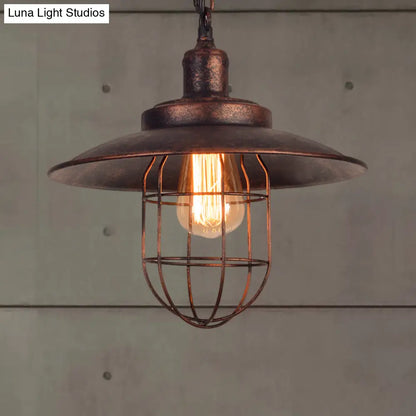 Nautical Rustic Saucer Pendant Light with Cage Shade - Wrought Iron Ceiling Fixture