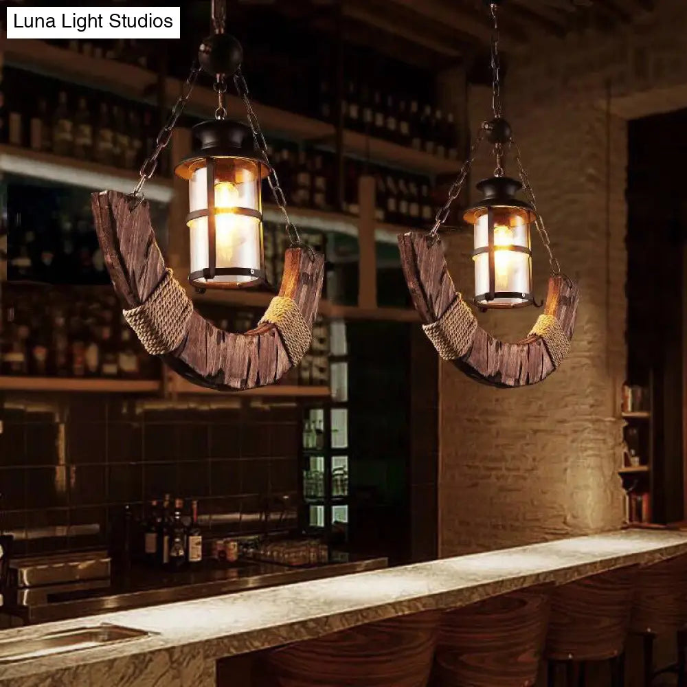 Nautical Single Bar Pendant Light with Clear Glass Cylinder and Wooden Arc Decoration