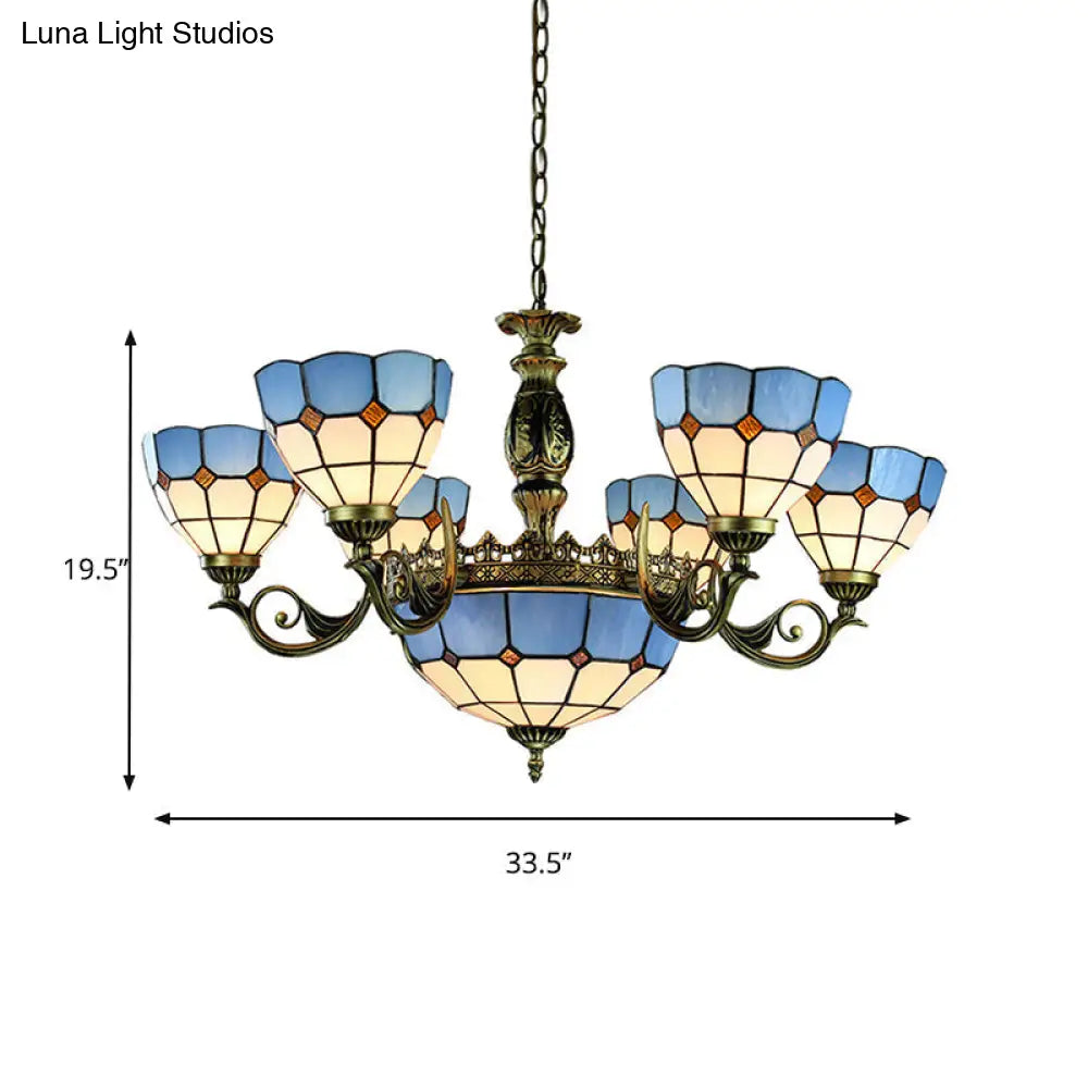 Nautical Stained Glass Dome Chandelier with Blue Pendant Lights for Living Room Ceiling
