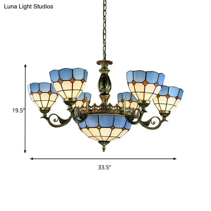 Nautical Stained Glass Dome Chandelier with Blue Pendant Lights for Living Room Ceiling