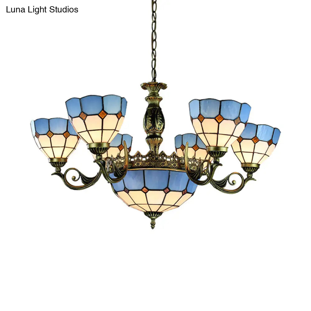 Nautical Stained Glass Dome Chandelier with Blue Pendant Lights for Living Room Ceiling