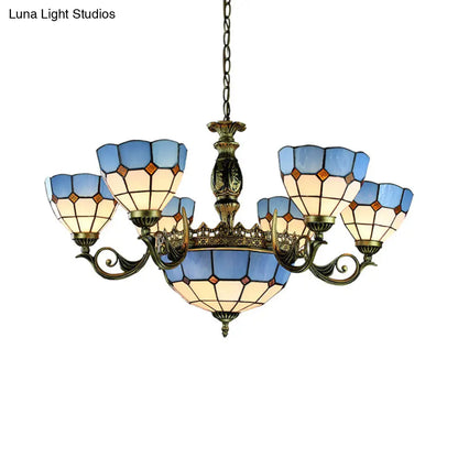 Nautical Stained Glass Dome Chandelier with Blue Pendant Lights for Living Room Ceiling