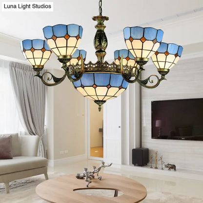 Nautical Stained Glass Dome Chandelier with Blue Pendant Lights for Living Room Ceiling