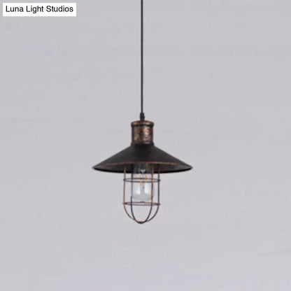 Nautical Style Cone Ceiling Light with Wire Guard - Rust/White Hanging Pendant