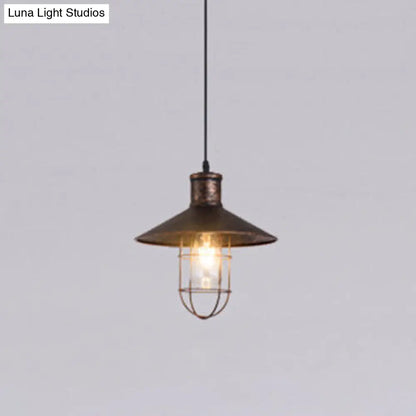 Nautical Style Cone Ceiling Light with Wire Guard - Rust/White Hanging Pendant