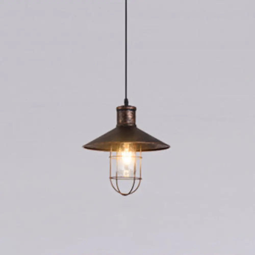 Nautical Style Cone Ceiling Light with Wire Guard - Rust/White Hanging Pendant