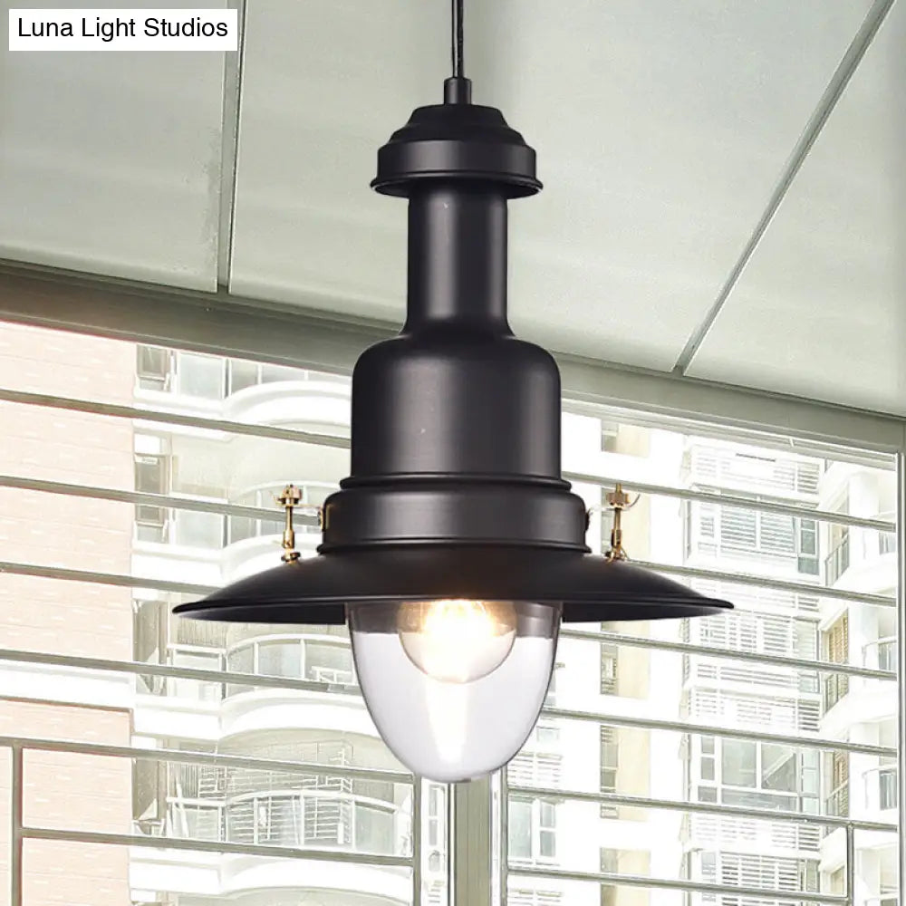 Nautical Style Flat Shade Pendant Lamp - 1 Light Metallic Suspended Light, Black/White Finish for Kitchen