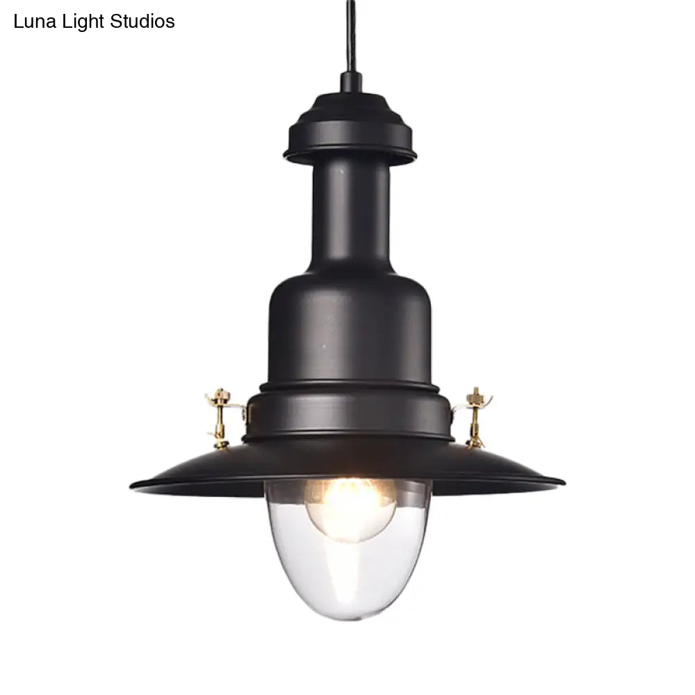 Nautical Style Flat Shade Pendant Lamp - 1 Light Metallic Suspended Light, Black/White Finish for Kitchen