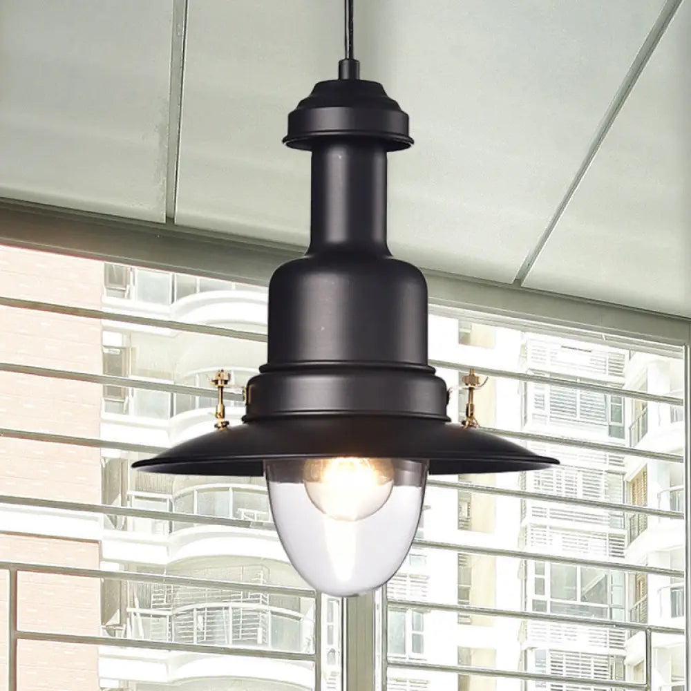 Nautical Style Flat Shade Pendant Lamp - 1 Light Metallic Suspended Light, Black/White Finish for Kitchen