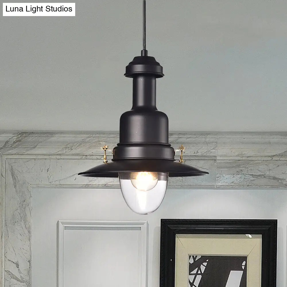 Nautical Style Flat Shade Pendant Lamp - 1 Light Metallic Suspended Light, Black/White Finish for Kitchen