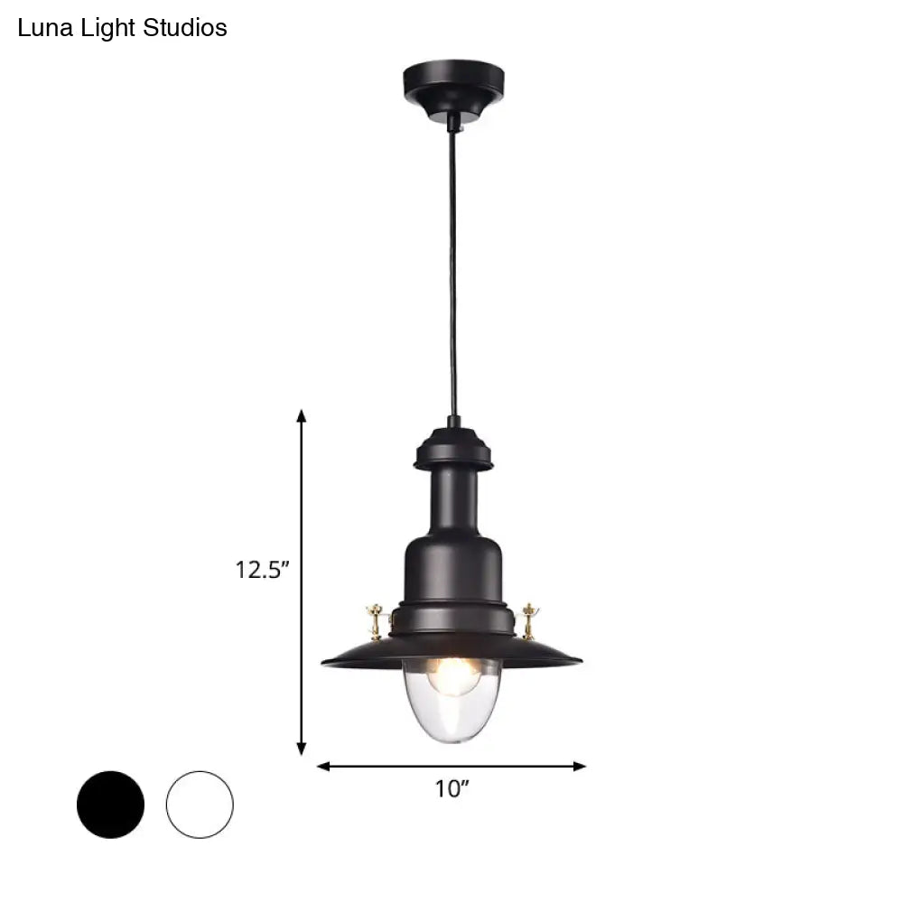 Nautical Style Flat Shade Pendant Lamp - 1 Light Metallic Suspended Light, Black/White Finish for Kitchen