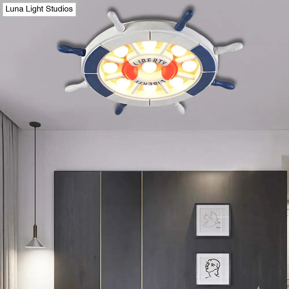 DecorBites™ DecorBites™ Nautical Style LED Blue Flush Ceiling Light with Rudder Wood Shade