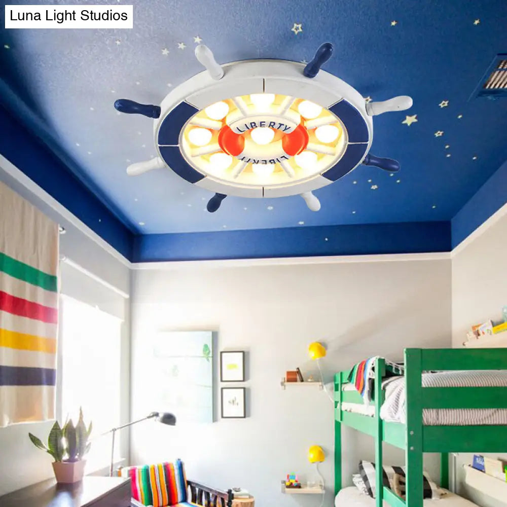 DecorBites™ DecorBites™ Nautical Style LED Blue Flush Ceiling Light with Rudder Wood Shade