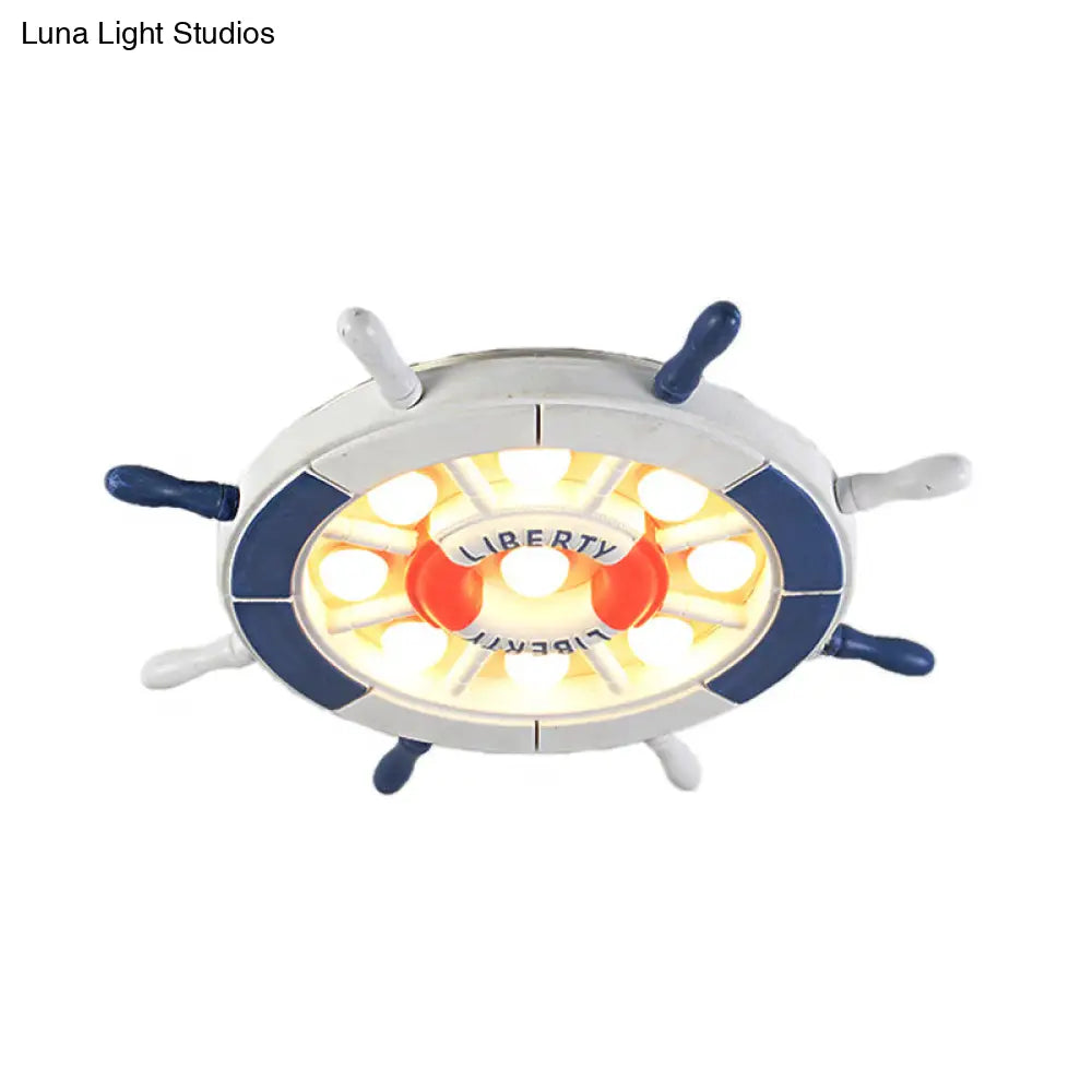 DecorBites™ DecorBites™ Nautical Style LED Blue Flush Ceiling Light with Rudder Wood Shade