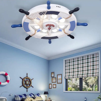 DecorBites™ DecorBites™ Nautical Style LED Blue Flush Ceiling Light with Rudder Wood Shade