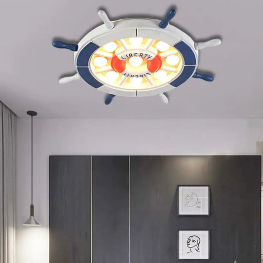 DecorBites™ DecorBites™ Nautical Style LED Blue Flush Ceiling Light with Rudder Wood Shade