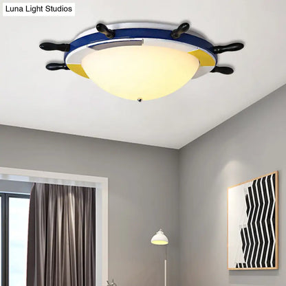 DecorBites™ DecorBites™ Nautical Style LED Wood Shade Flush Mount Ceiling Light - Blue Finish Dome/Rudder Design