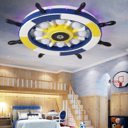 DecorBites™ DecorBites™ Nautical Style LED Wood Shade Flush Mount Ceiling Light - Blue Finish Dome/Rudder Design