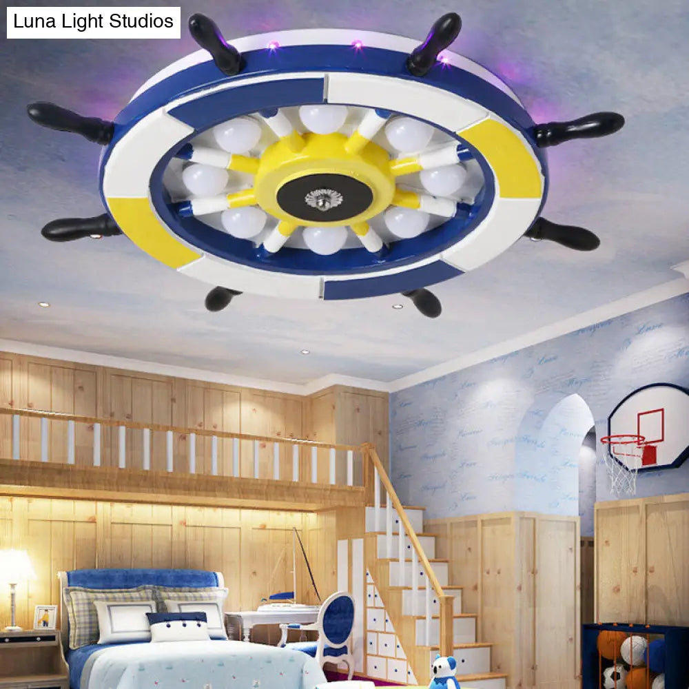 DecorBites™ DecorBites™ Nautical Style LED Wood Shade Flush Mount Ceiling Light - Blue Finish Dome/Rudder Design