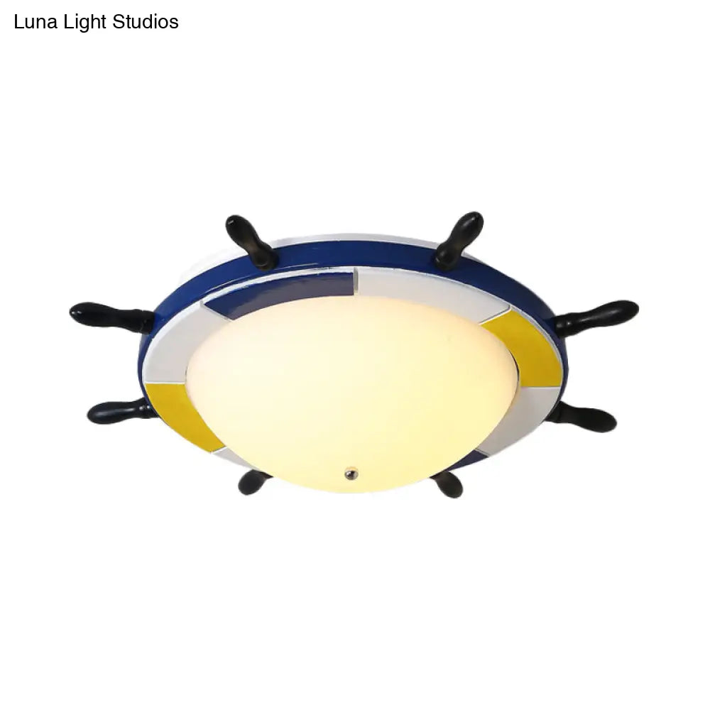 DecorBites™ DecorBites™ Nautical Style LED Wood Shade Flush Mount Ceiling Light - Blue Finish Dome/Rudder Design