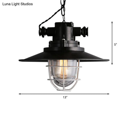 Nautical Wire Cage Restaurant Hanging Lamp with Saucer Shade - Black Ceiling Pendant