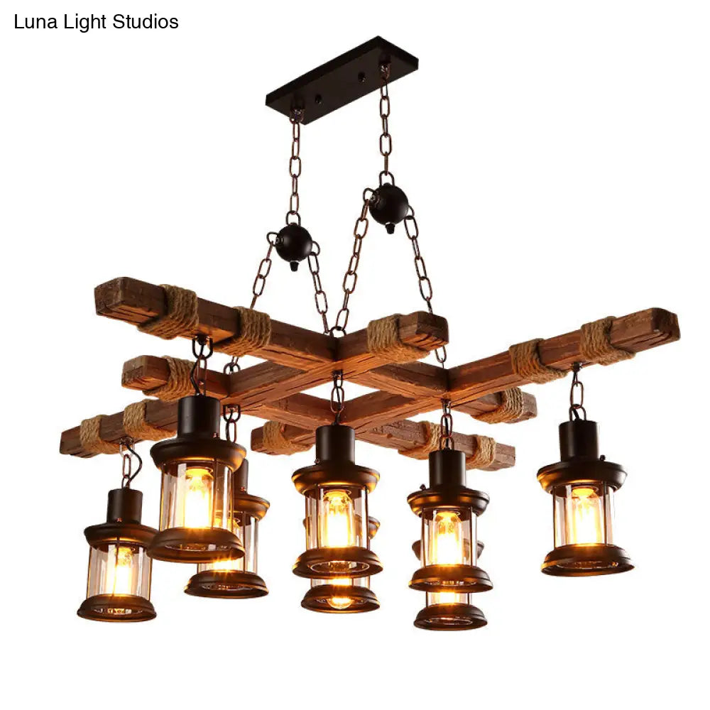 Nautical Wood Chandelier: 8-Light Pub Suspension Lighting with Clear Glass Lantern Shades