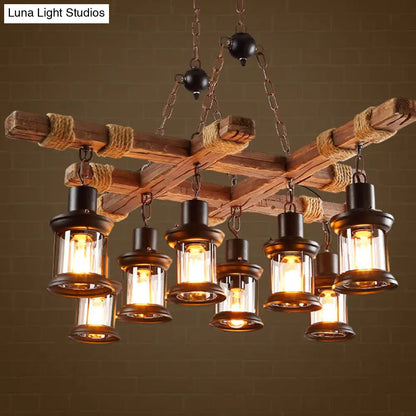 Nautical Wood Chandelier: 8-Light Pub Suspension Lighting with Clear Glass Lantern Shades