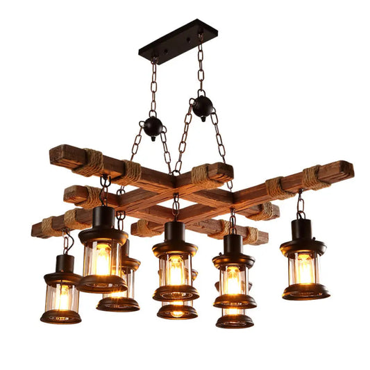 Nautical Wood Chandelier: 8-Light Pub Suspension Lighting with Clear Glass Lantern Shades