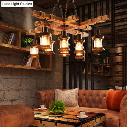 Nautical Wood Chandelier: 8-Light Pub Suspension Lighting with Clear Glass Lantern Shades